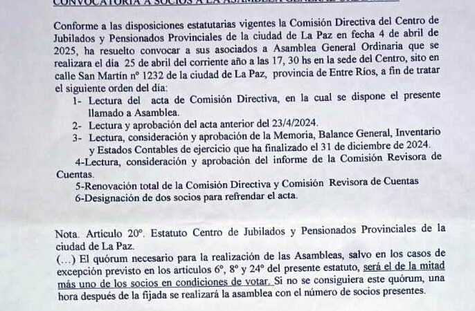 Centro de jubilados y pensionados provinciales de la  ciudad de La Paz  – Convocatoria a socios a la Asamblea general ordinaria