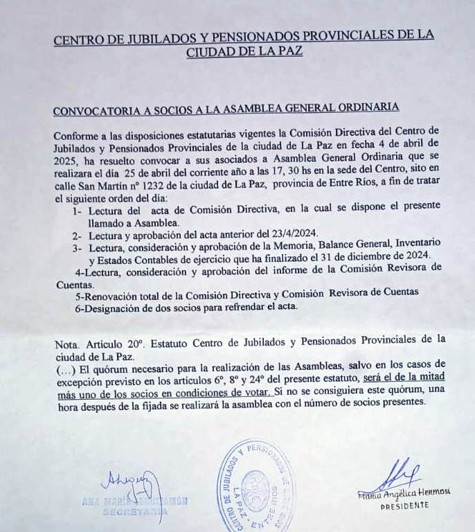 Centro de jubilados y pensionados provinciales de la  ciudad de La Paz  – Convocatoria a socios a la Asamblea general ordinaria